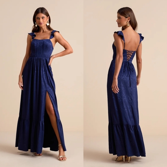 Lulus Dresses & Skirts - Lulus Arlaith Navy Jacquard Lace-Up Corset Maxi Dress M Wedding Party Prom